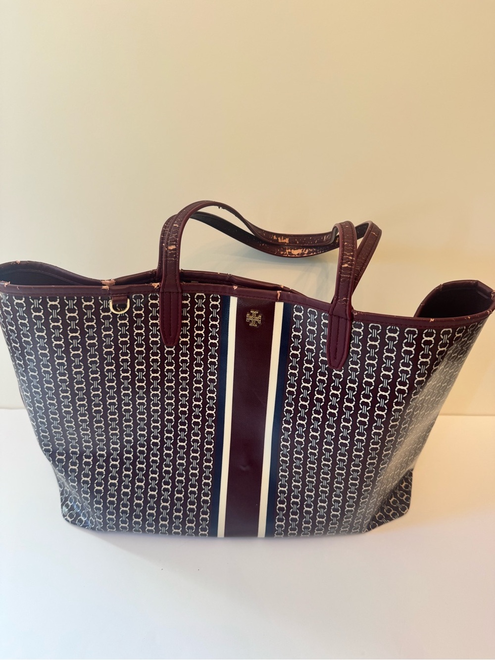Tory Burch Gemini Link Large Tote Burgundy Navy Coated Canvas AS IS